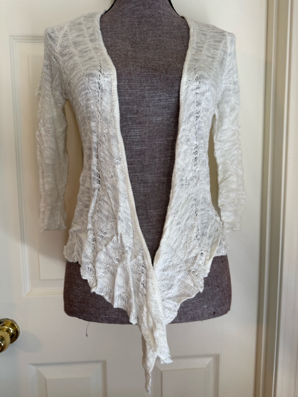 It's Our Time Cream Open-Front Knit Cardigan with Ruffled Hem